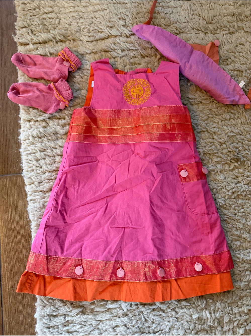 Vintage Tartine et Chocolat Paris 2 Ans Pink/Orange Dress Set Socks & head scarf